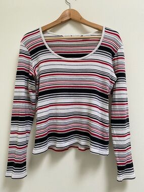 Tommy Hilfiger 💯 Cotton Striped Scoop Neck Long Sleeve Top - White, Black, Red